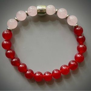 Pink Rose Quartz and Red Carnelian Handcrafted Bead Bracelet